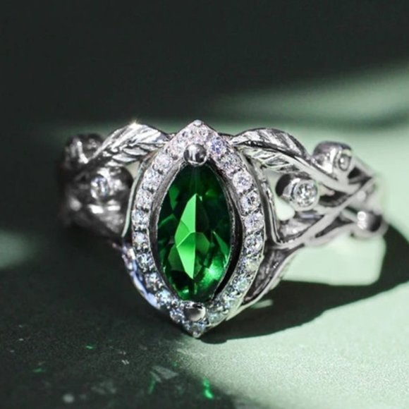 ❤Emerald Marquis Gem Leaf Weave Silver Noble Rings for Women, MARR9098 - Picture 1 of 8